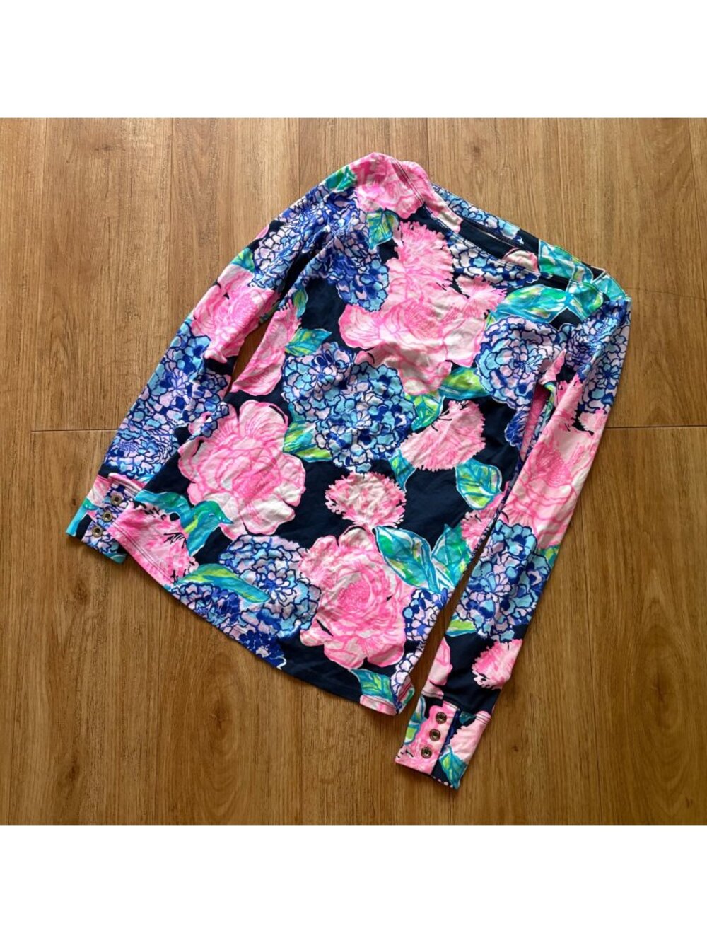 Lilly Pulitzer Aleah Long Sleeve Blouse Navy Hey Hey Bouquet Women’s Sz XXS